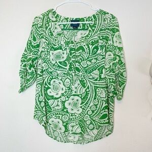 Anthro. Maeve green & white V-neck blouse XS